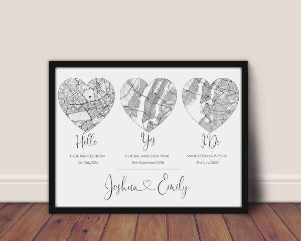 Marriage Wedding Anniversary Gift - Multi Event Location Hearts 1 [Framed]