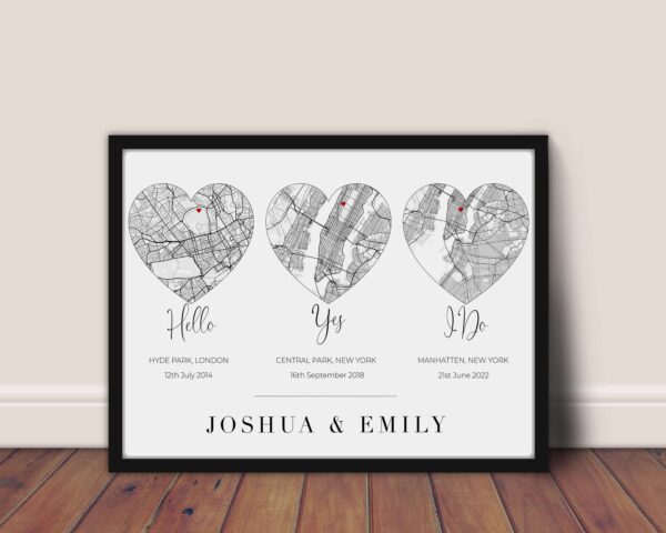 Marriage Wedding Anniversary Gift - Multi Event Location Hearts 2 [Framed]